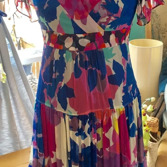 Diane Von Furstenberg Floral Vibrant Pink & Blue Printed Silk Chiffon Dress - Picture 2 of 10